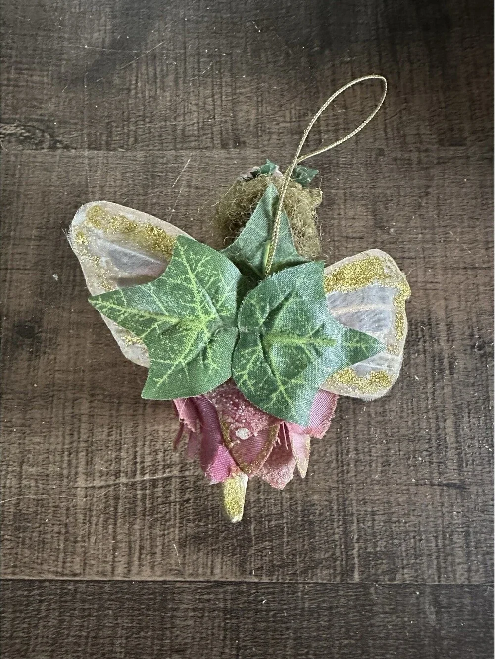 Vintage Pink Fairy Angel Christmas Ornament Porcelain Face Gold Glitter Wings